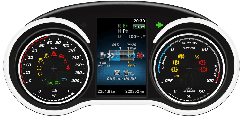 Mercedes dashboard med hotspots. Case fra Rise e-learning program om elbiler.